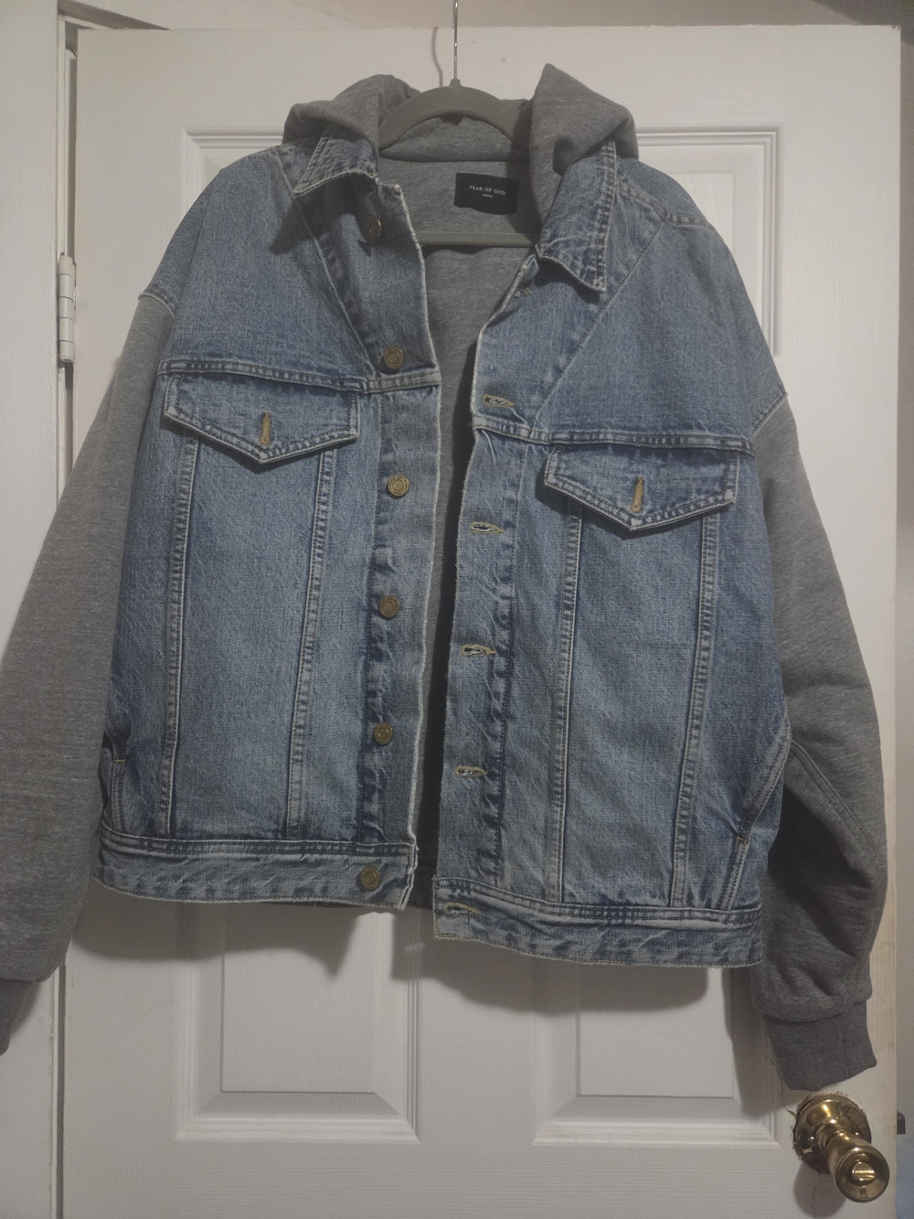 Fear Of God Denim Jacket with Gray Hoodie Sleeves - Blue/Gray Retails $1,195